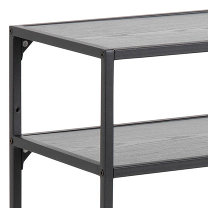 Two-tiered metal shelf with gray shelves on a white background
