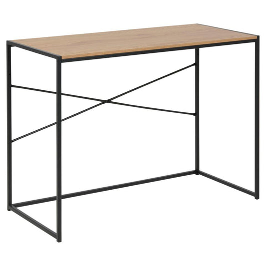 A modern console table with a light brown wood-look top and a black metal frame featuring an X-brace design on the left side, shown against a plain white background.