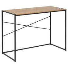 Load image into Gallery viewer, A modern console table with a light brown wood-look top and a black metal frame featuring an X-brace design on the left side, shown against a plain white background.
