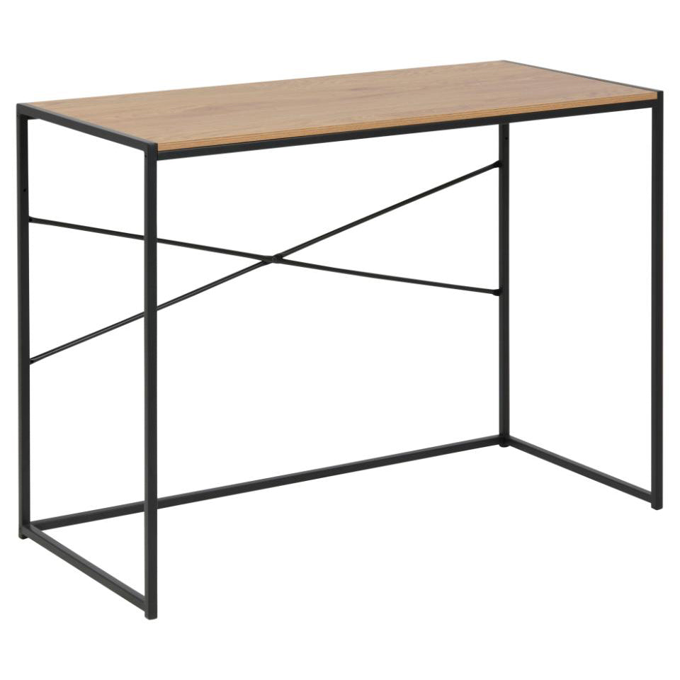 A modern console table with a light brown wood-look top and a black metal frame featuring an X-brace design on the left side, shown against a plain white background.