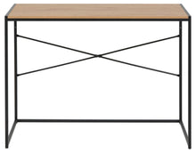 Load image into Gallery viewer, A modern console table with a light oak wood top and a black metal frame featuring an X-brace support structure.
