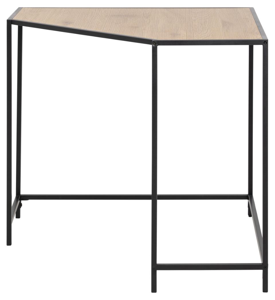 Corner table with woven top and black metal frame on a white background