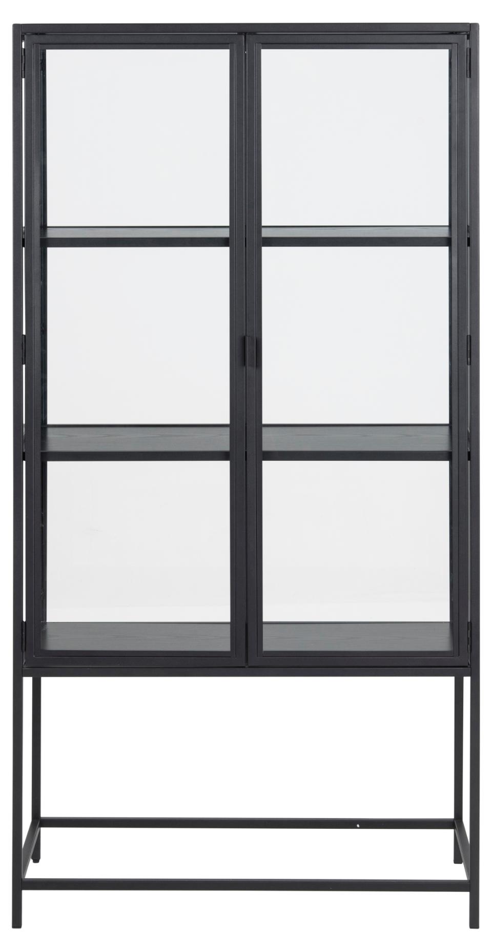 A tall black metal display cabinet with two glass doors and four interior shelves, shown against a plain white background.