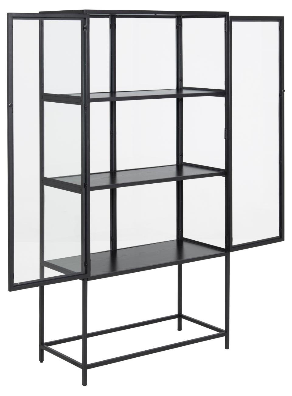 A black metal shelving unit with four open shelves and two side panels made of clear glass, shown against a plain white background.