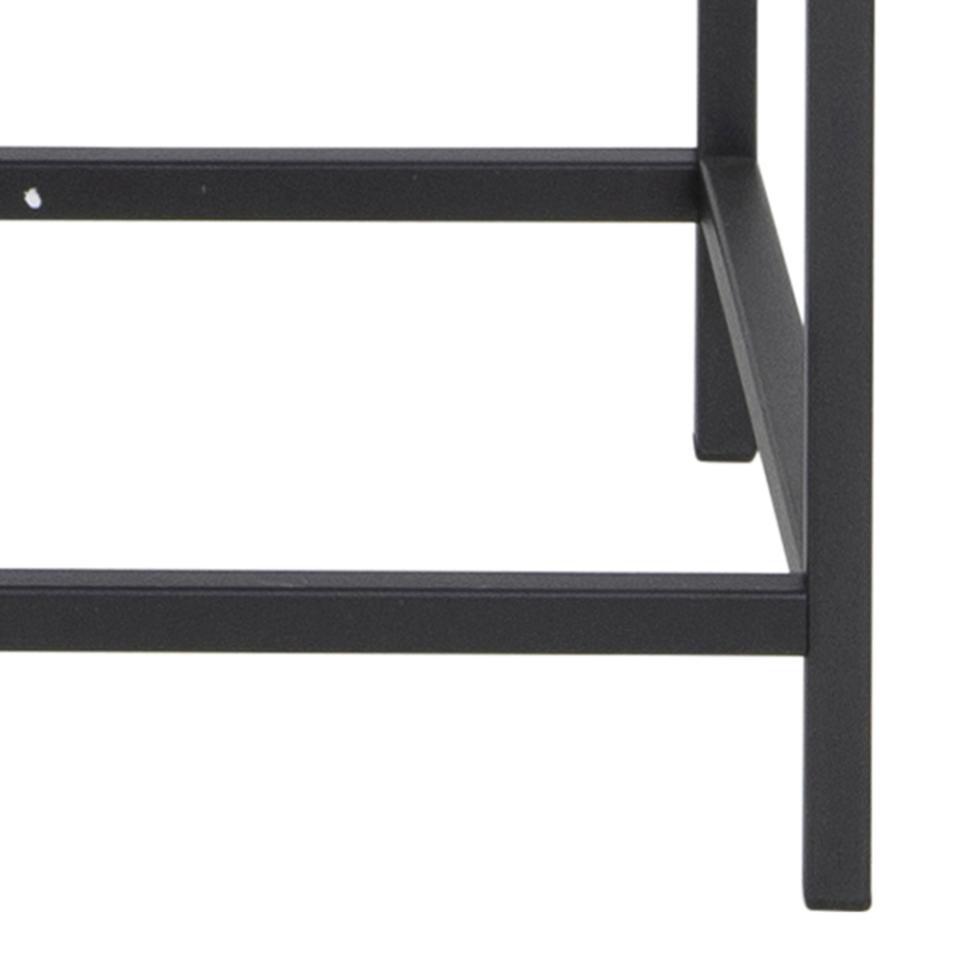 Close-up of a black metal table frame leg and horizontal support beam on a white background.