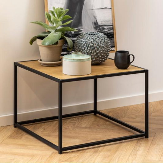 Seaford Square Coffee Table With Oak Top And Black Metal Frame 60cm