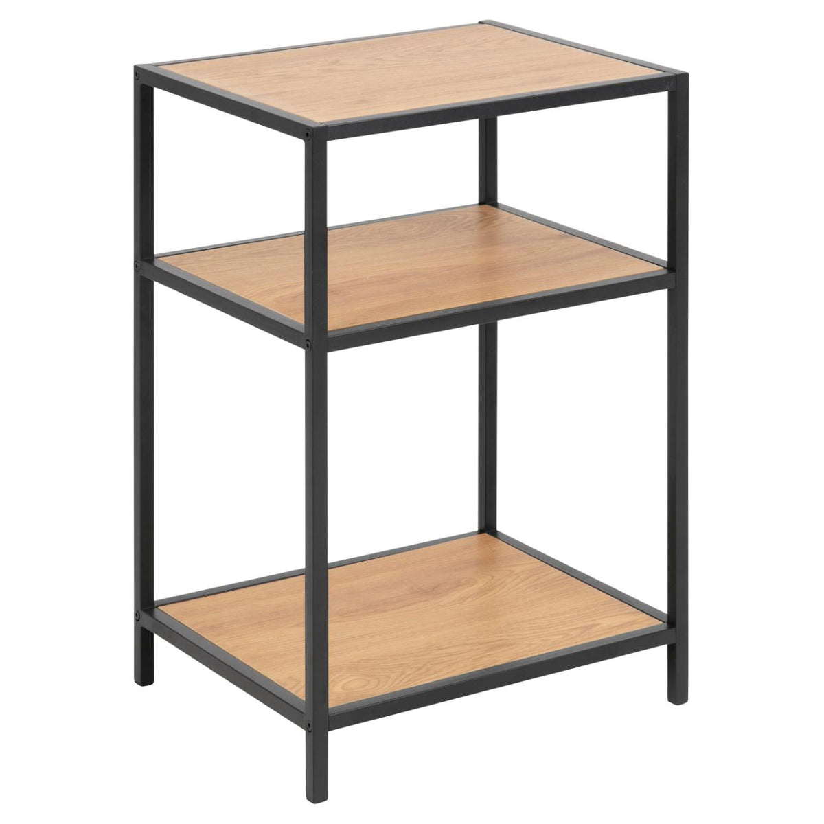 A three-tier side table featuring light brown wood grain shelves and a black metal frame, shown on a solid white background.