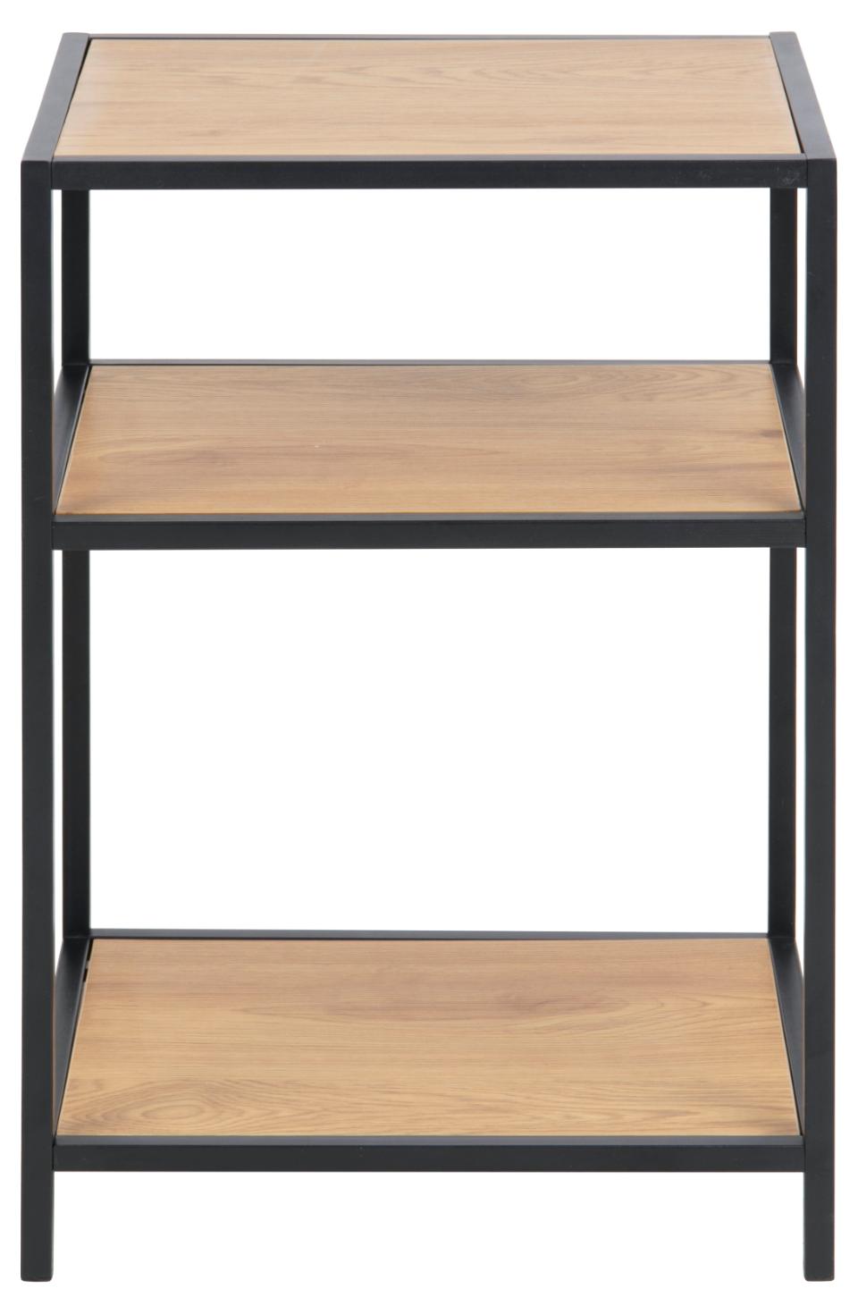 Three-tiered side table with wooden shelves and black metal frame on a white background
