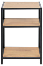 Load image into Gallery viewer, Three-tiered side table with wooden shelves and black metal frame on a white background

