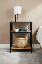 Load image into Gallery viewer, Seaford Brown Oak Bedside Table With 2 Shelves And A Steel Frame
