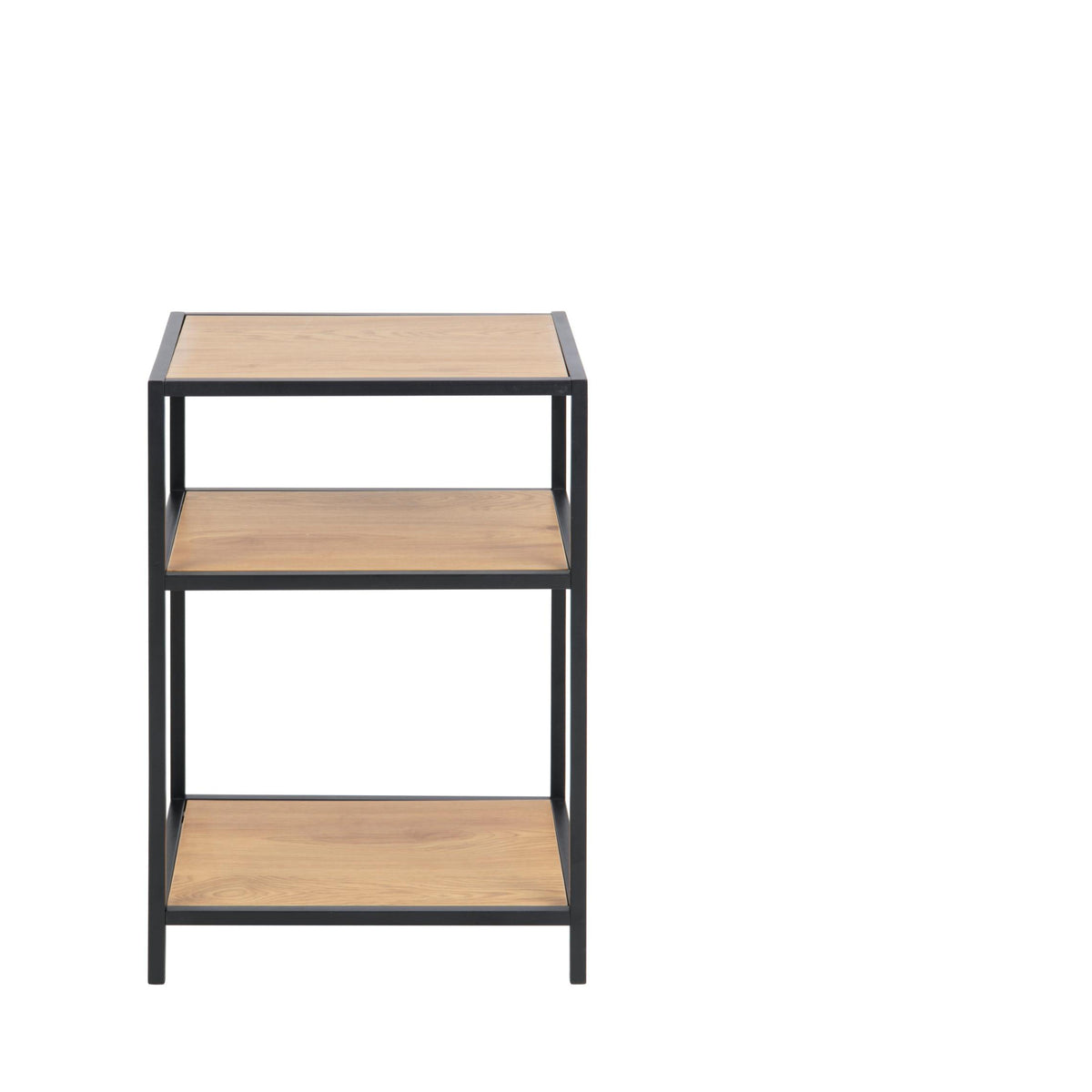 Seaford Brown Oak Bedside Table With 2 Shelves And A Steel Frame