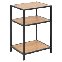 Load image into Gallery viewer, A three-tier side table featuring light brown wood grain shelves and a black metal frame, shown on a solid white background.
