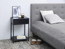 Load image into Gallery viewer, Gray upholstered bed with a nightstand next to it in a bedroom setting.
