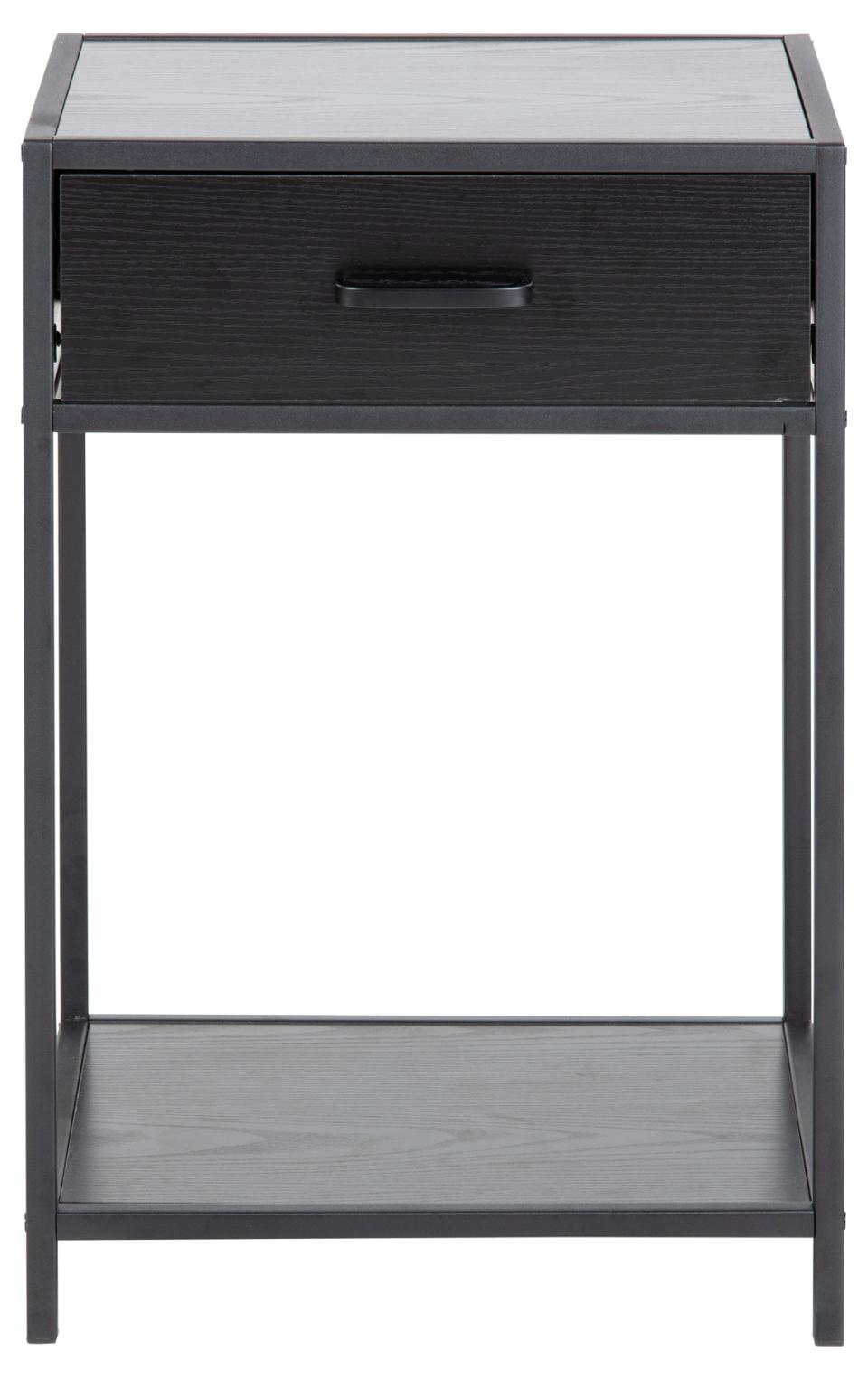 Black side table with a glass top and shelf on a white background