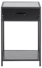 Load image into Gallery viewer, Black side table with a glass top and shelf on a white background

