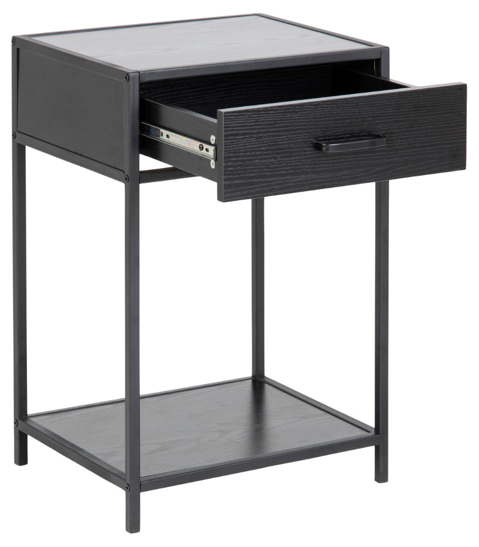 Black side table with a drawer on a white background