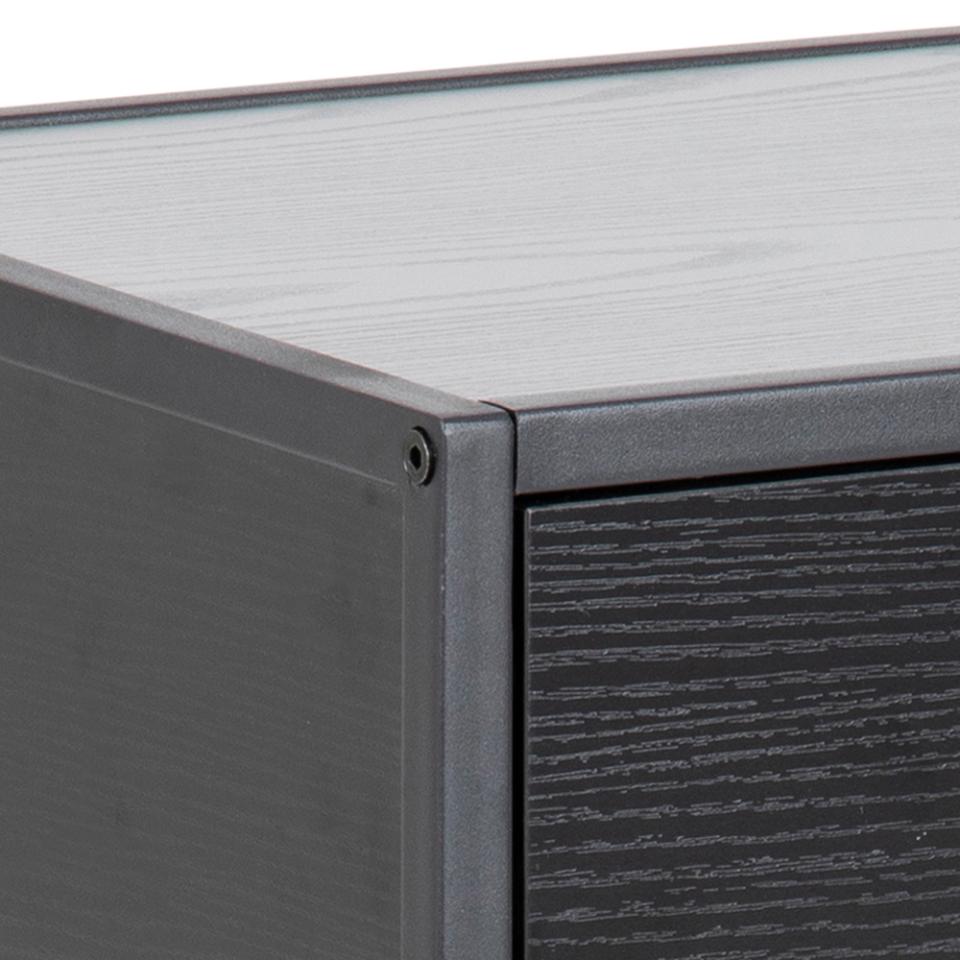 Close-up of a dark gray wood-grain cabinet or drawer front with a matching top surface, showing the corner joint and texture detail.