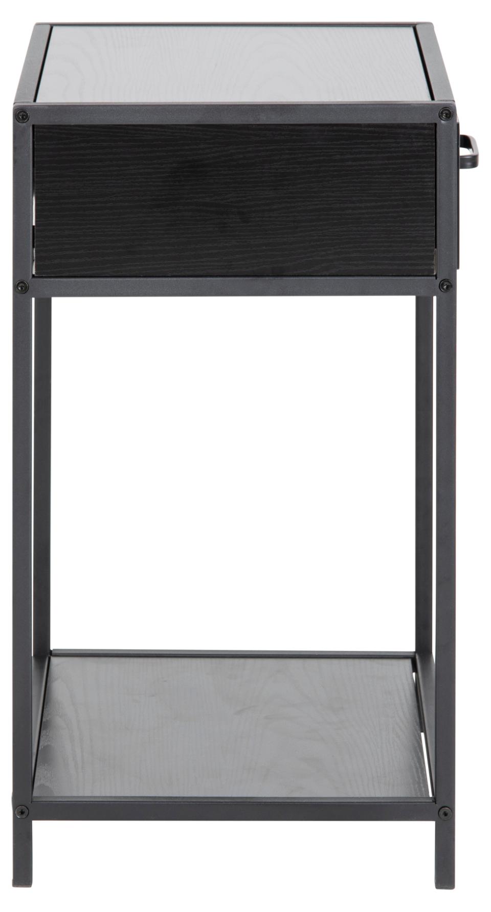 Black metal side table with glass top on a white background