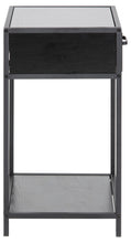 Load image into Gallery viewer, Black metal side table with glass top on a white background
