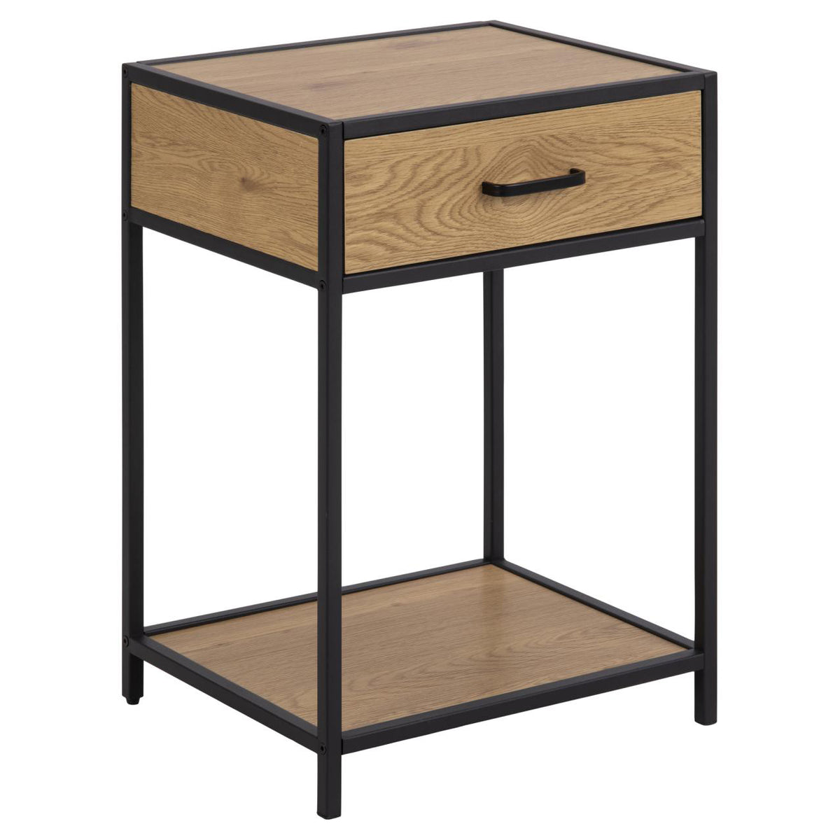 A modern two-tier side table featuring a black metal frame and light brown wood-grain finish on the drawer front, top shelf, and tabletop, with a single black metal drawer handle.