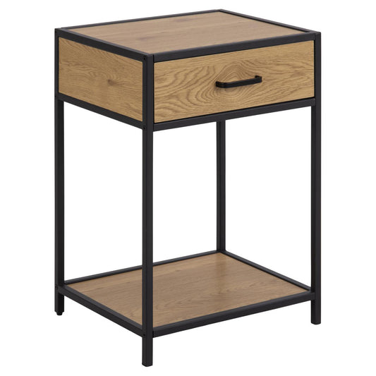 A modern two-tier side table featuring a black metal frame and light brown wood-grain finish on the drawer front, top shelf, and tabletop, with a single black metal drawer handle.