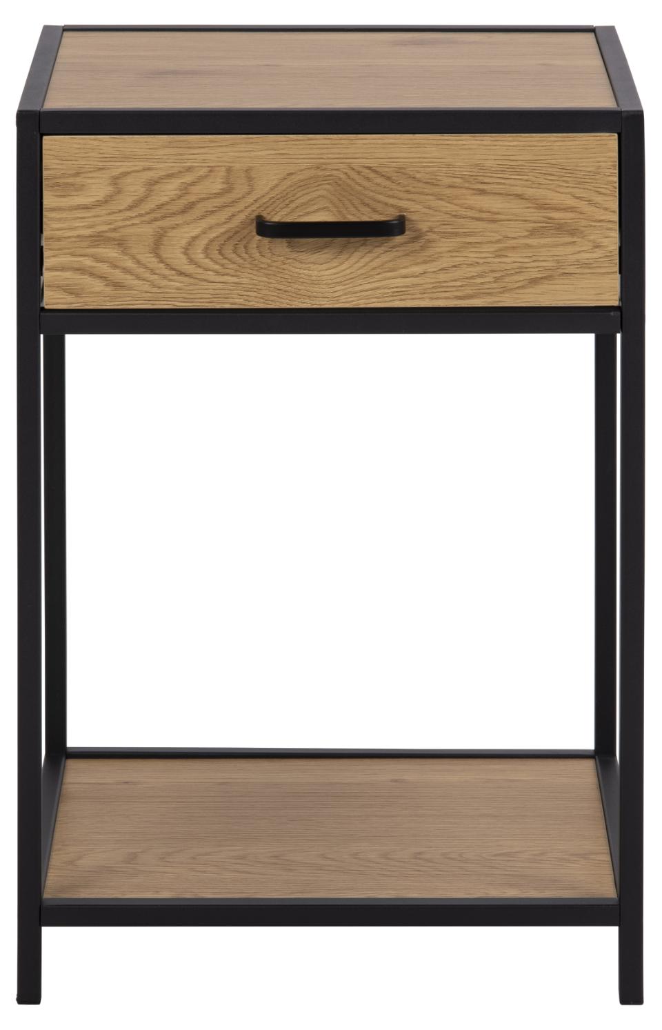 Side table with wooden top and shelf, black frame