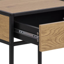 Load image into Gallery viewer, Wooden desk with black metal frame and open drawer
