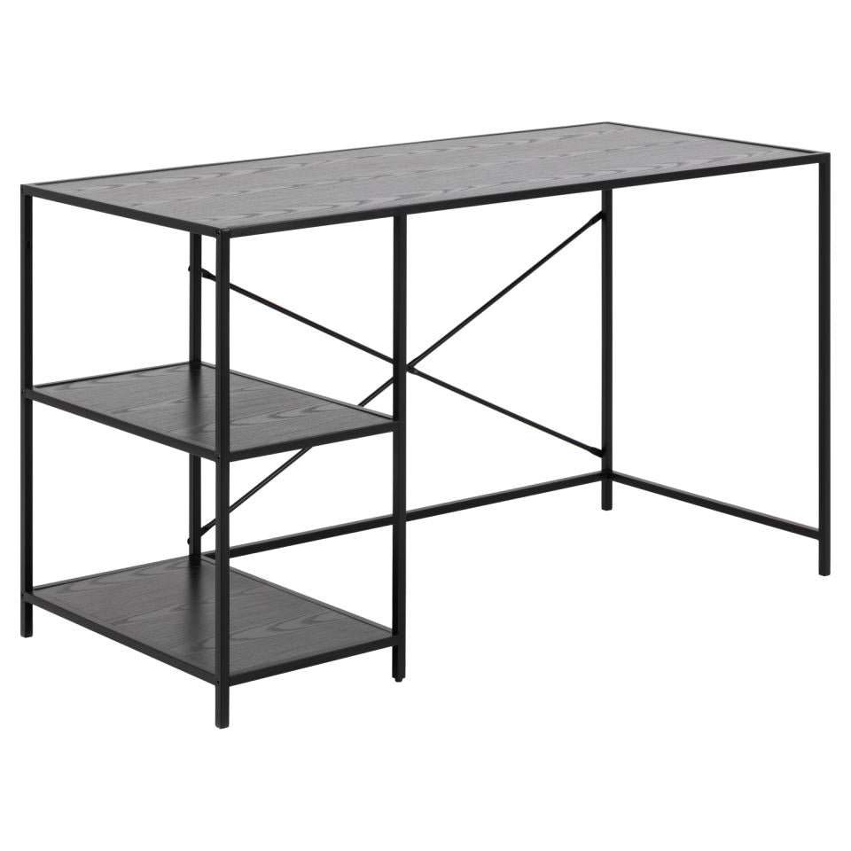 Seaford Large Office Desk In Black With 2 Shelves And Metal Base 130x60cm
