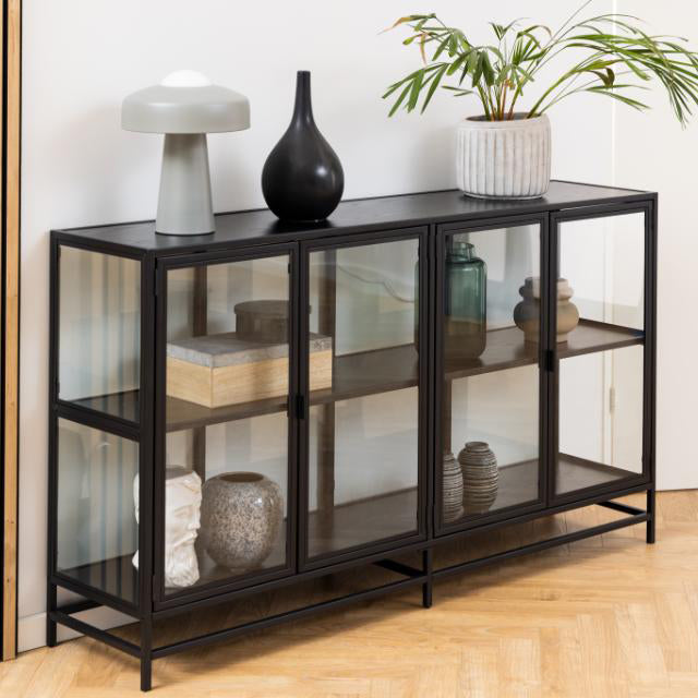 Seaford Display Cabinet With Black Metal Frame, 4 Doors And Shelves 152x35x86 cm
