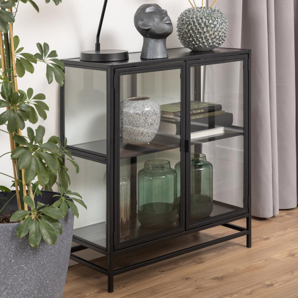 Seaford Display Cabinet With Black Metal Frame, 2 Doors And Shelves 77x35x86 cm