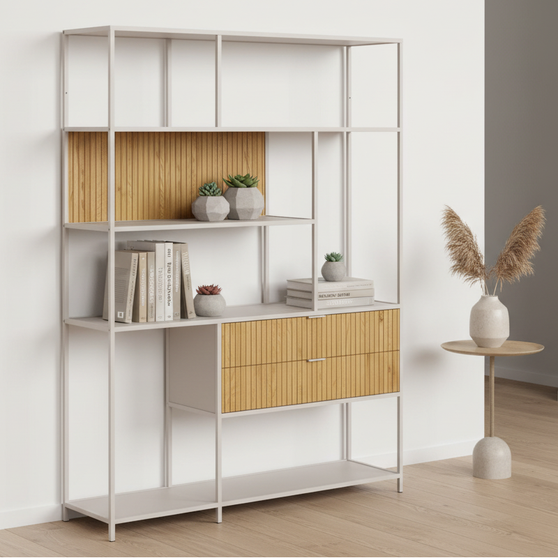 Seaford Large Bookcase Shelving Unit With 2 Drawers Grey Steel 135x35x185 cm