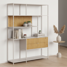 Load image into Gallery viewer, Seaford Large Bookcase Shelving Unit With 2 Drawers Grey Steel 135x35x185 cm

