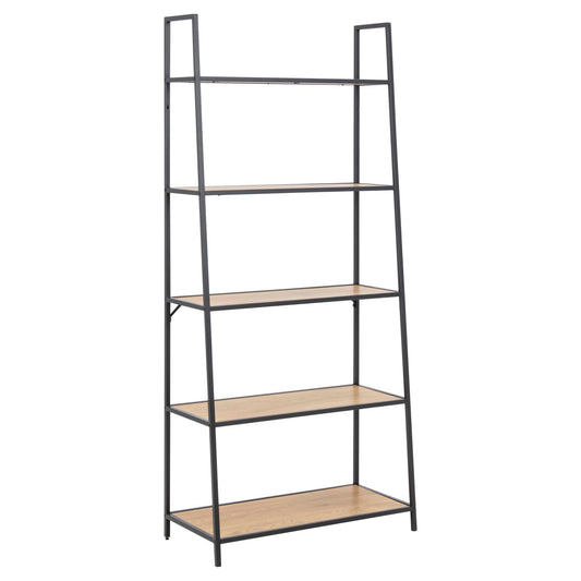 A matt black metal and oak wood bookcase with five shelves, featuring a black metal base and frame, set against a white background.