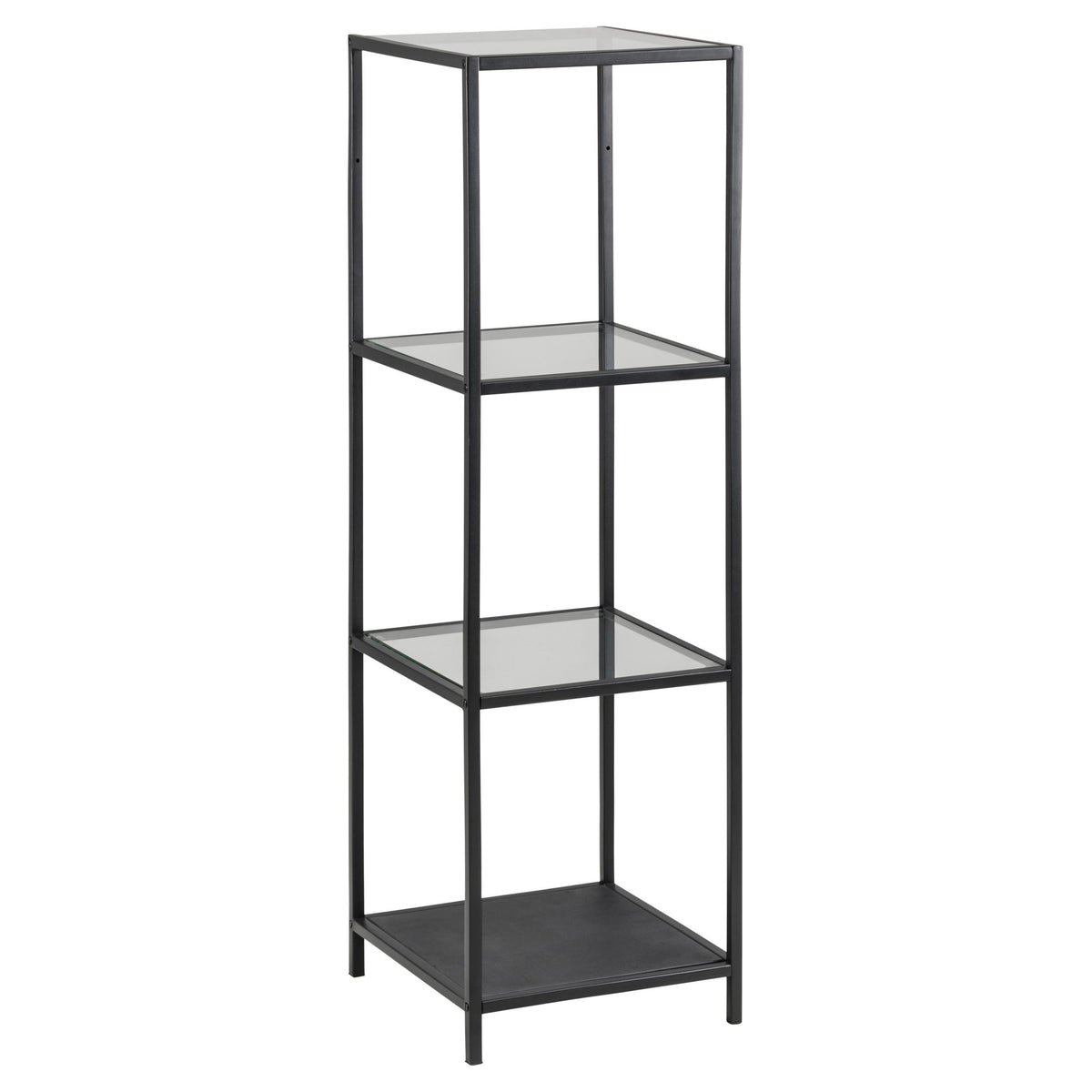 A free standing black metal bookcase with three glass shelves, featuring a matt black finish and a rough powder coated steel frame.