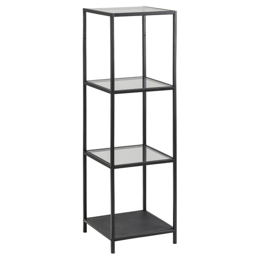A free standing black metal bookcase with three glass shelves, featuring a matt black finish and a rough powder coated steel frame.