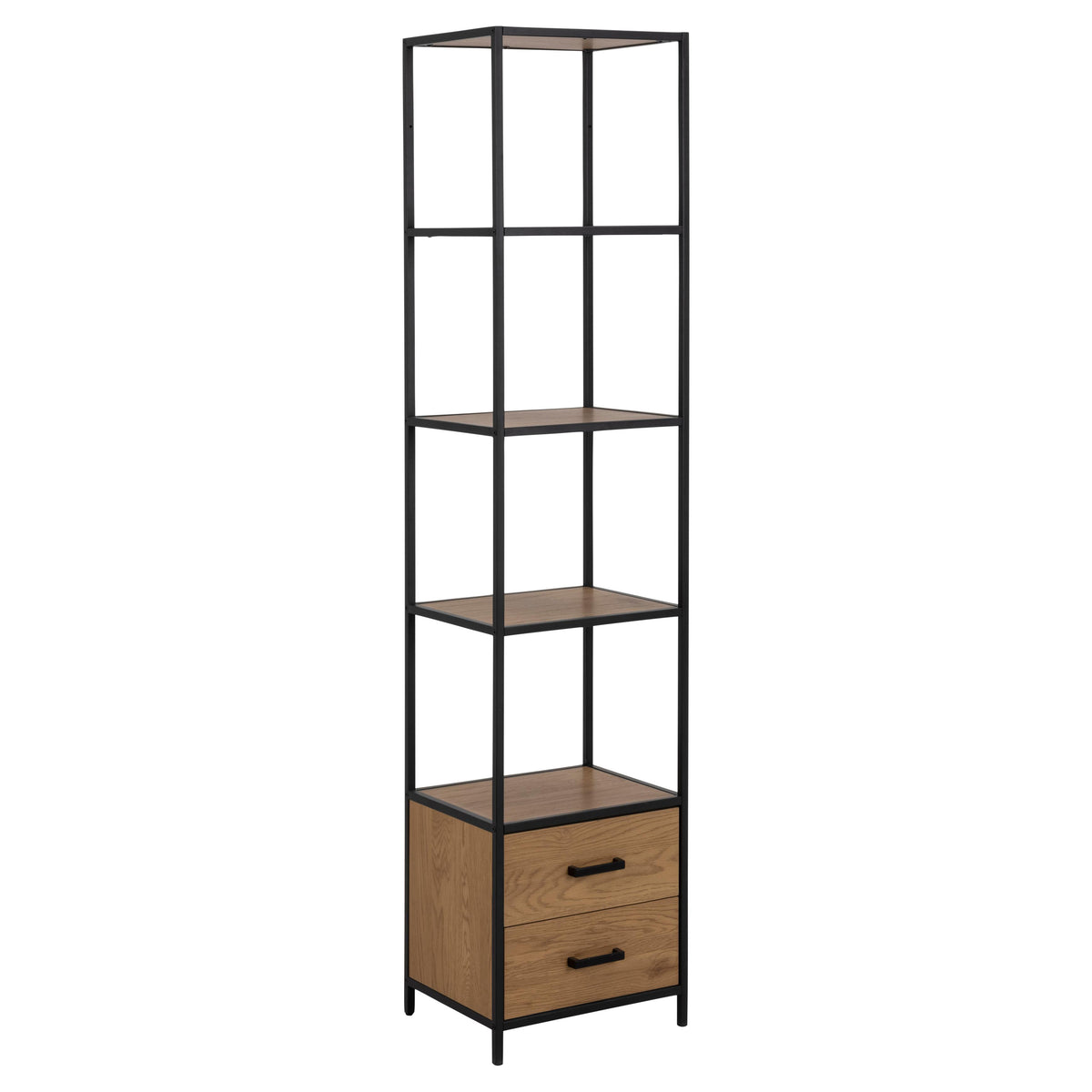 Seaford Tall Bookcase Shelving Unit With 3 Shelves 2 Drawers In Oak 42x35x185 cm