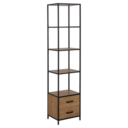 Seaford Tall Bookcase Shelving Unit With 3 Shelves 2 Drawers In Oak 42x35x185 cm