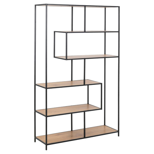 A large bookcase shelving storage unit with a black metal frame and rustic oak wood shelves, positioned asymmetrically.