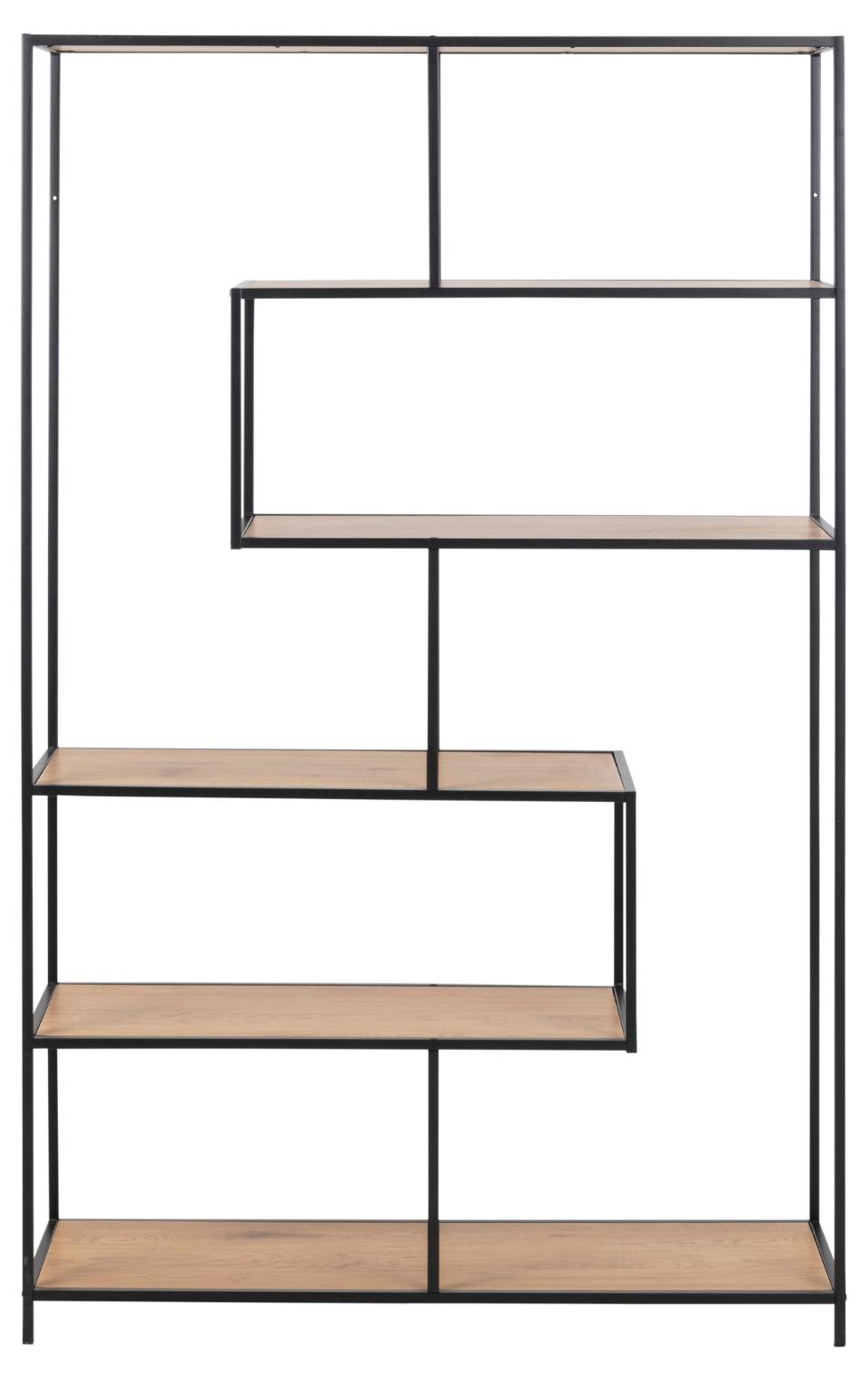 seaford bookcase shelving unit by homestreet in brown wood with a black metal frame