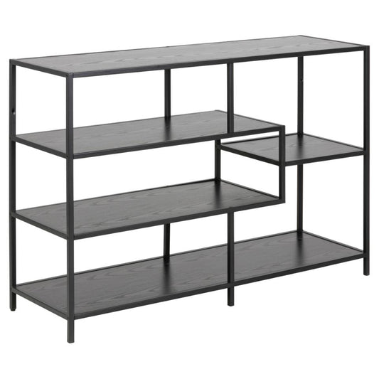 Seaford Stylish Bookcase Shelf Unit In Black With Wood Shelves And Metal Frame 114x35x78 cm