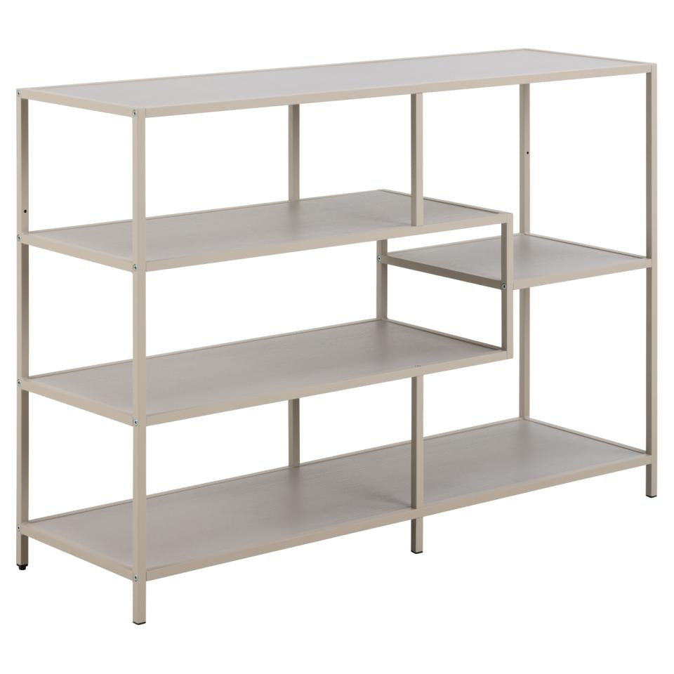 Beige metal shelving unit with multiple shelves on a white background
