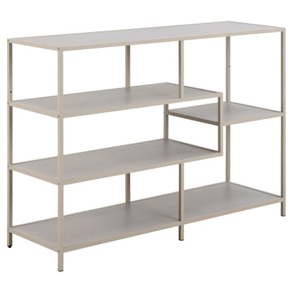 Beige metal shelving unit with multiple shelves on a white background