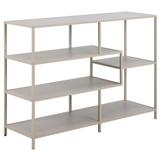 Beige metal shelving unit with multiple shelves on a white background