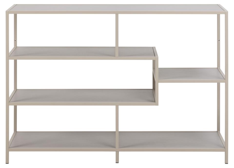 Beige shelving unit with four shelves on a white background