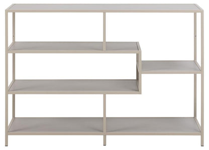 Beige shelving unit with four shelves on a white background