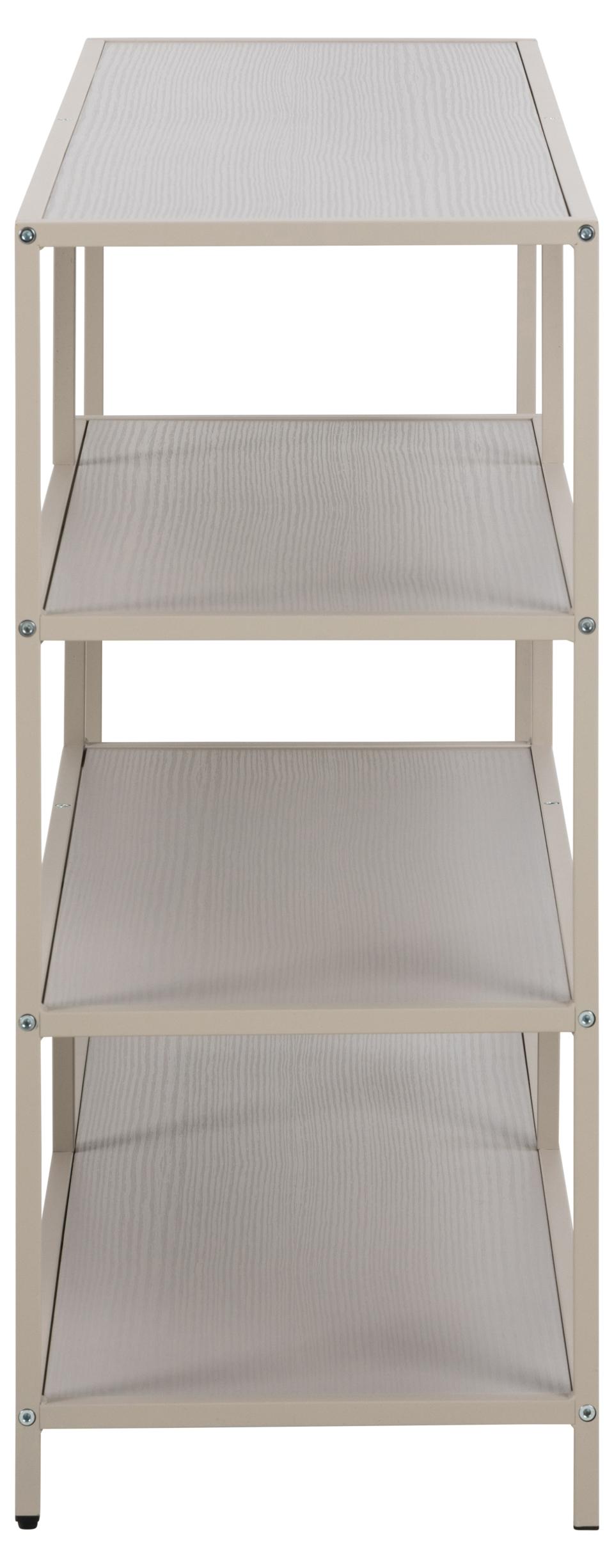 Three-tier metal shelf with textured surface on a white background