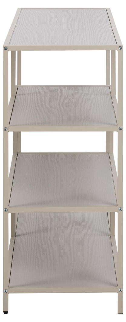 Three-tier metal shelf with textured surface on a white background