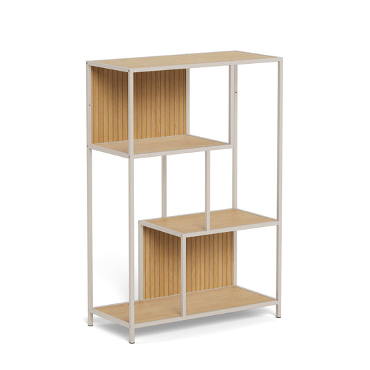 Seaford Stylish 2 Panel Bookcase Shelf Unit In Grey With Brown Wood Shelves And Metal Frame 114x35x78 cm