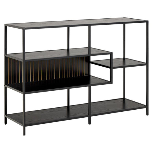 Black metal shelf with multiple shelves on a white background