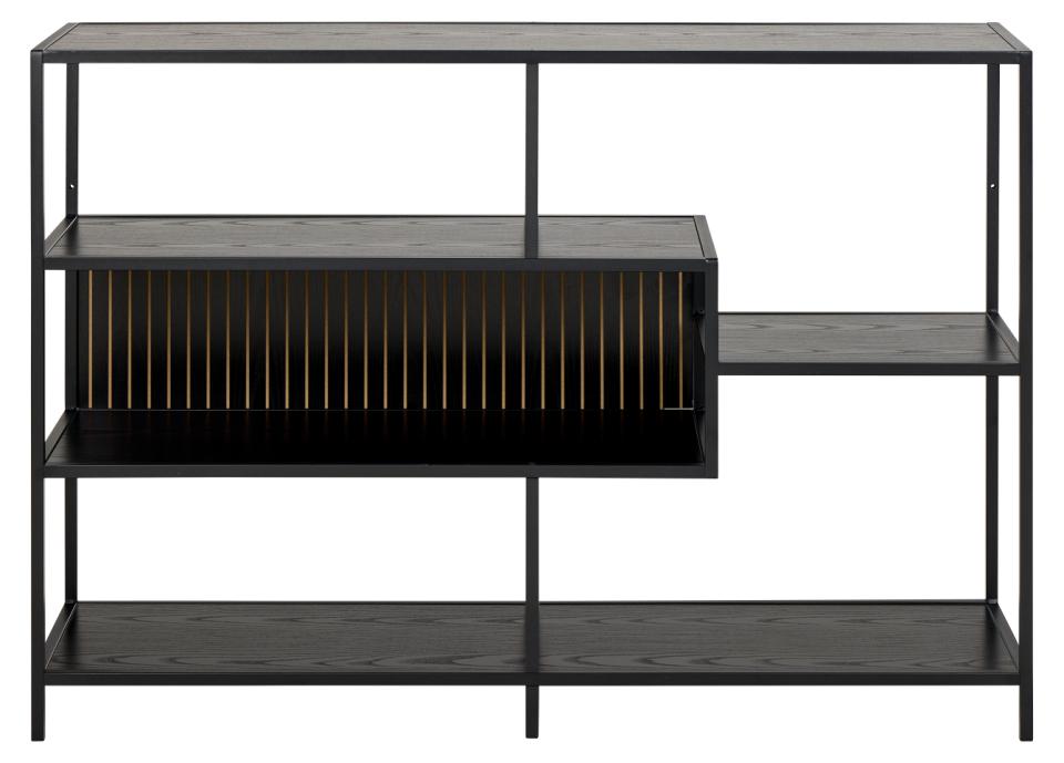 Black metal shelving unit with multiple shelves on a white background